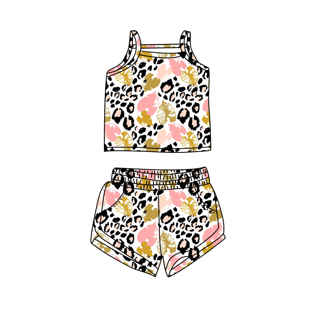 Preorder (moq 5)Baby Girls Leopard Leaves Straps Top Shorts Clothes Sets