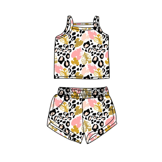 Preorder (moq 5)Baby Girls Leopard Leaves Straps Top Shorts Clothes Sets