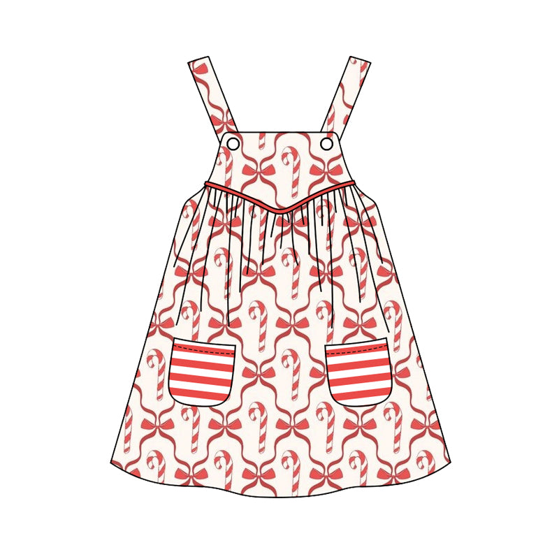 Preorder (moq 5)Baby Girls Strap Pink Bows Candy Cane Plaid Pockets Knee Length Dresses