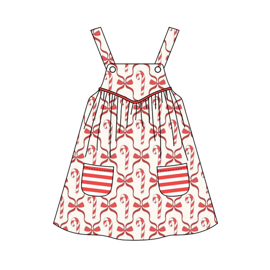 Preorder (moq 5)Baby Girls Strap Pink Bows Candy Cane Plaid Pockets Knee Length Dresses