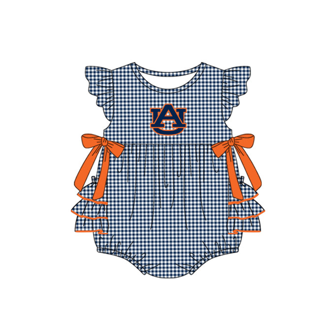 Preorder moq 5 Baby Girls Navy Plaid Flutter Sleeves Bows AU Team Rompers