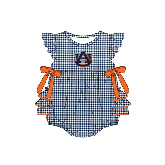 Preorder moq 5 Baby Girls Navy Plaid Flutter Sleeves Bows AU Team Rompers