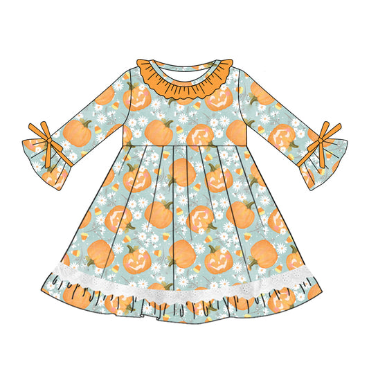 Preorder (moq 5)Baby Girls Blue Long Ruffle Sleeves Floral Pumpkins Knee Length Dresses