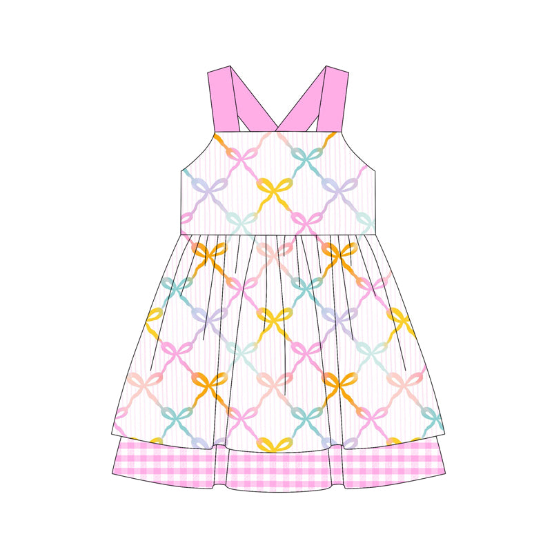 Preorder (moq 5)Baby Girls Pink Strap Colorful Bows Ruffle Knee Length Dress