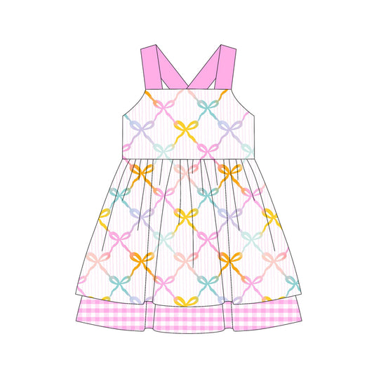 Preorder (moq 5)Baby Girls Pink Strap Colorful Bows Ruffle Knee Length Dress