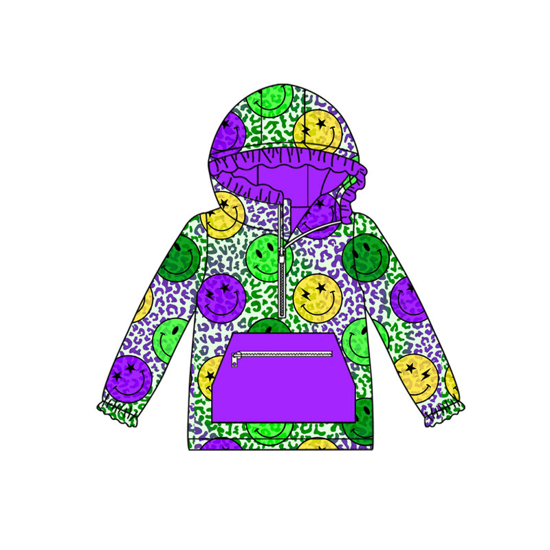 Preorder (moq 5)Baby Girls Purple Yellow Green Smiles Leopard Pockets Zipper Hoodies Top
