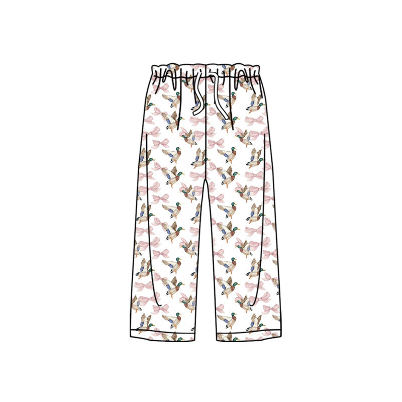 Preorder (moq 5) Baby Girl Mallard Duck Pink Bow Print Long Sleeve Drawstring Wide Leg Pants