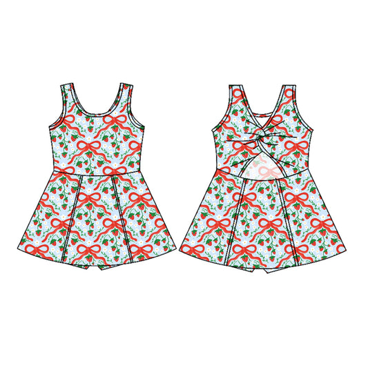 Preorder (moq 5)Baby Girls Red Bows Strawberry Plaid Shorts Knee Length Dresses