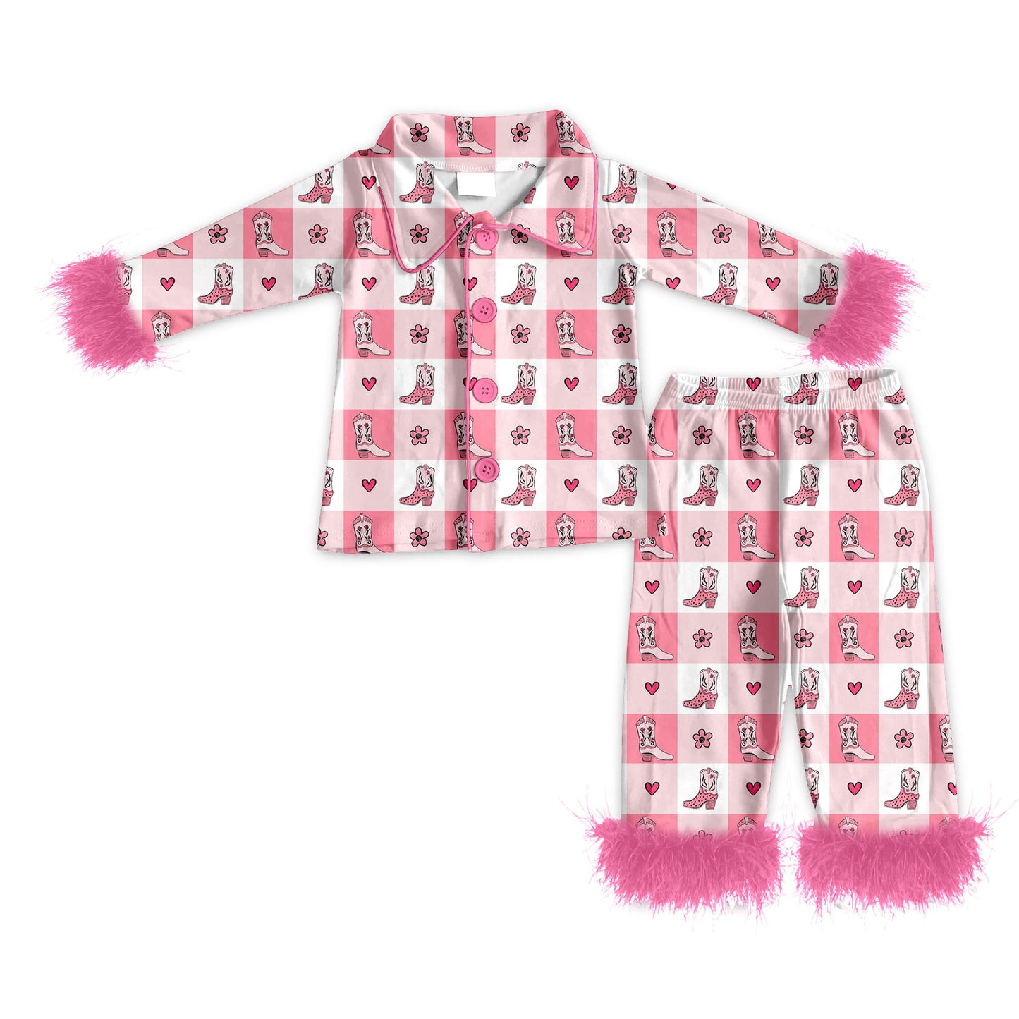 Preorder (moq 5)Baby Girls Boot Hearts Checked Button Top Pants Western Fur Sleeve Pajamas Sets