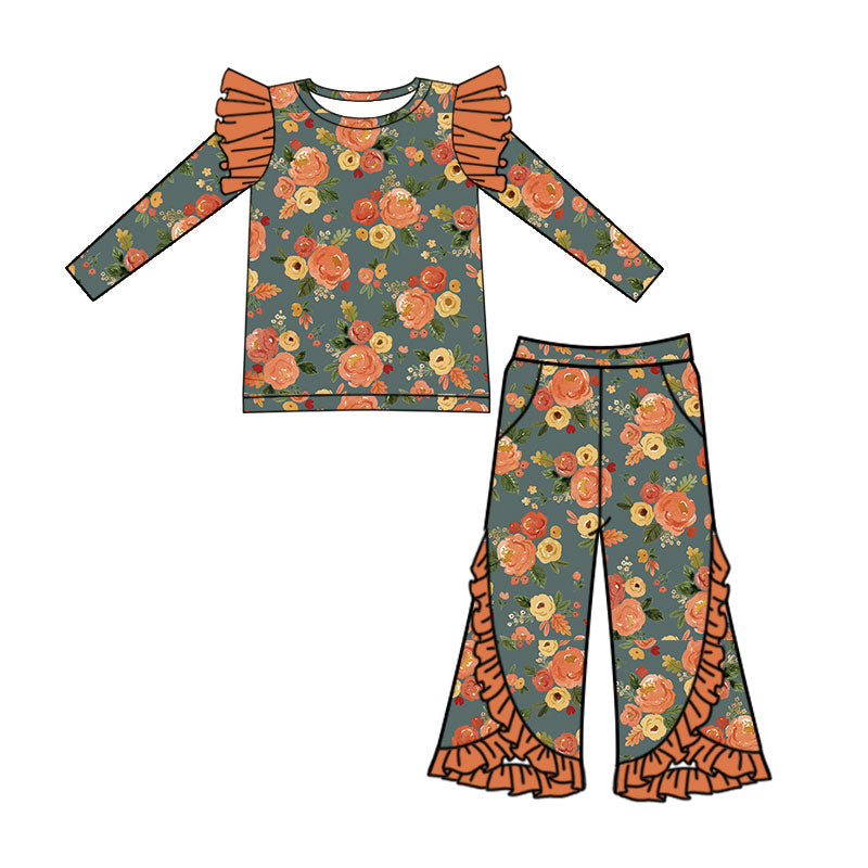 Preorder (moq 5)Baby Girls Colorful Flowers Flutter Long Sleeve Top Pockets Flare Pant Clothes Sets