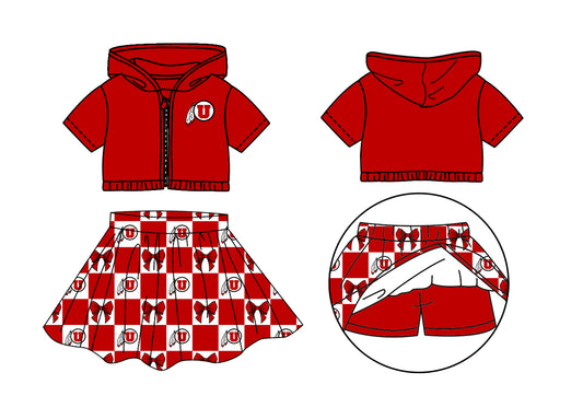 Preorder (moq 5)Baby Girls Utah Utes Bows Zip Hoodie Jackets Skirt Short Team Clothes Sets
