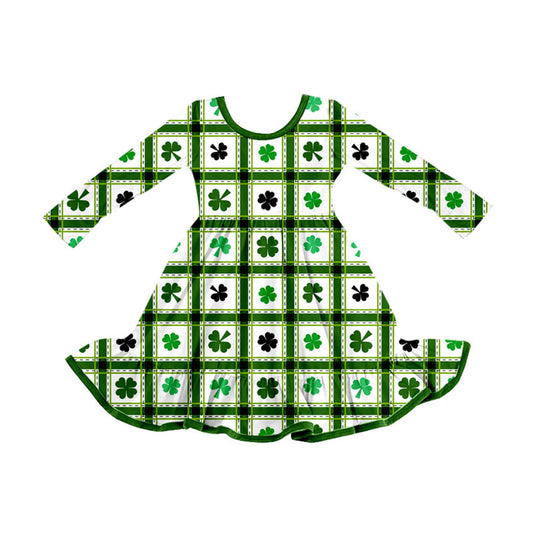 Preorder (moq 5)Baby Girls Clovers Checked St Patrick Ruffle Knee Length Dresses