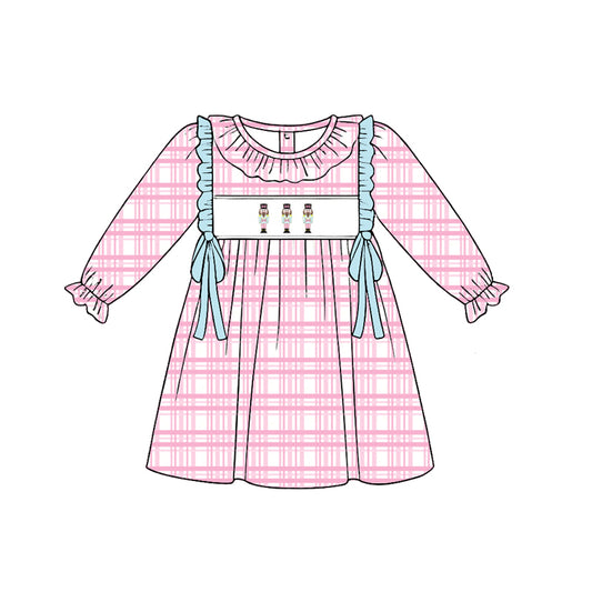 Preorder (moq 5)Baby Girls Pink Checked Soldiers Christmas Knee Length Dresses