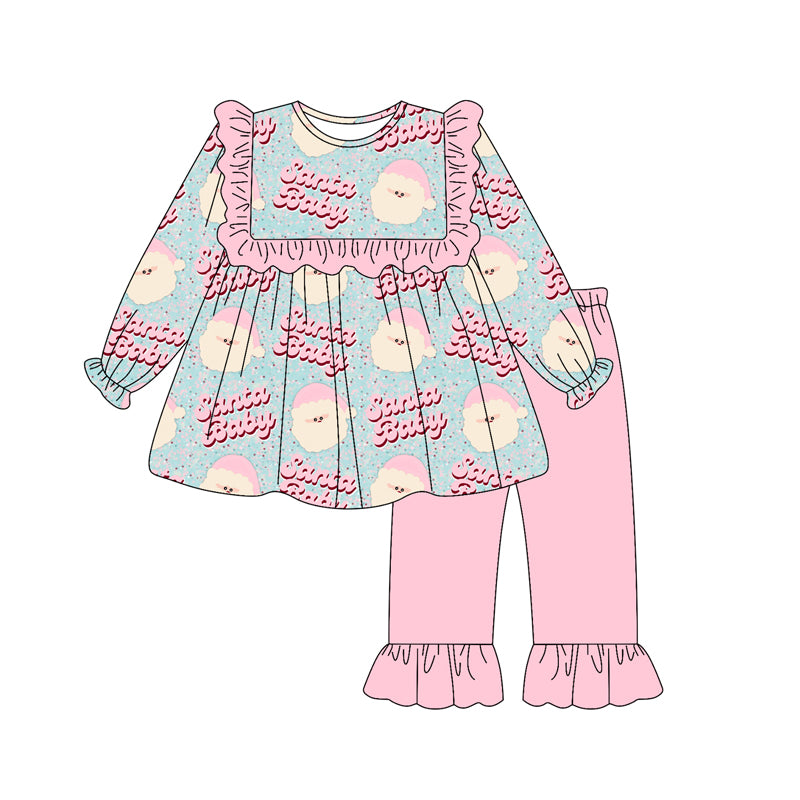 Preorder (moq 5)Baby Girls Long Sleeves Pink Santa Babe Tunic Ruffle Pant Clothes Set