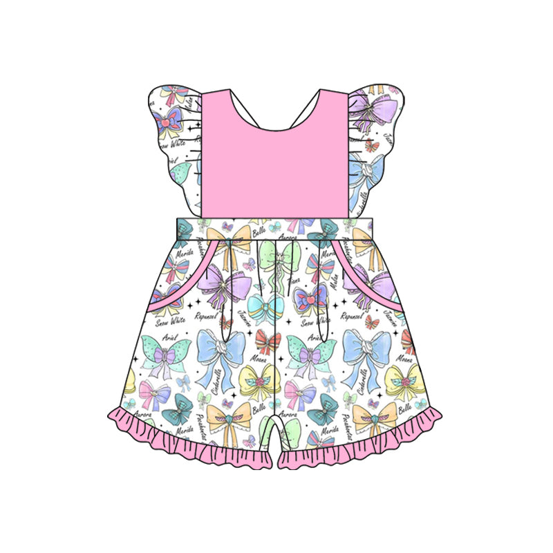 Preorder (moq 5)Baby Girls Pink Flutter Sleeves Colorful Bows Pockets Ruffle Jumpsuits