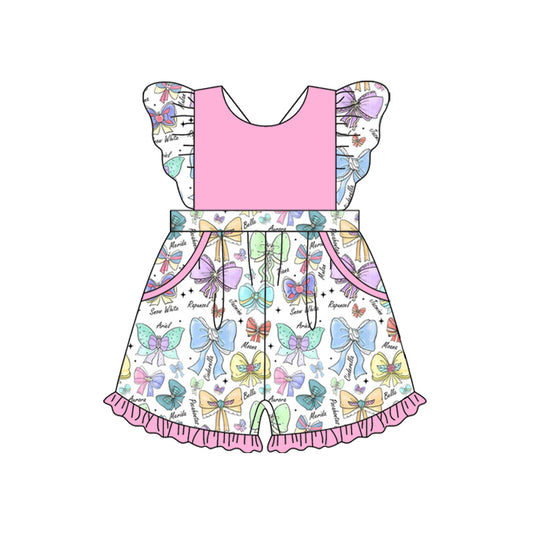 Preorder (moq 5)Baby Girls Pink Flutter Sleeves Colorful Bows Pockets Ruffle Jumpsuits