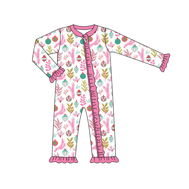 Preorder (moq 5)Baby Girls Pink Long Sleeves Pumpkins Floral Ruffle Zipper Romper