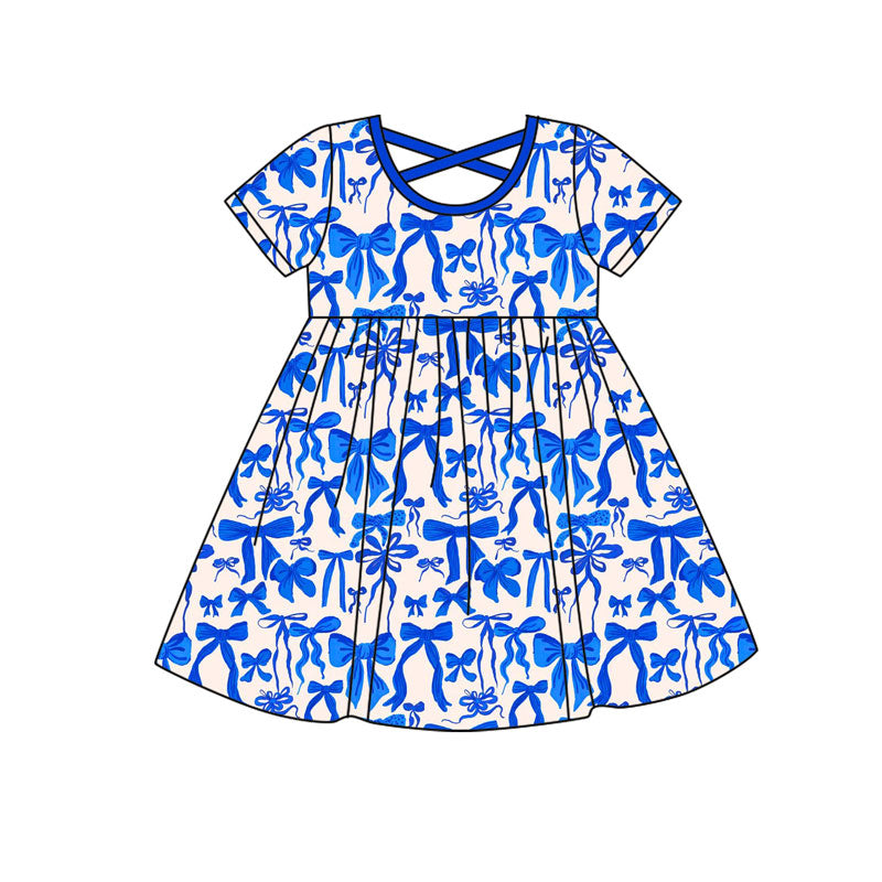 Preorder(moq 8)Baby Girls Hot Blue Bows Plaid Knee Length Dresses