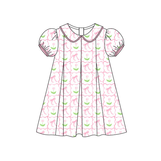 Preorder (moq 5)Baby Girls Short Ruffle Sleeves Pink Bows Flowers Knee Length Dress
