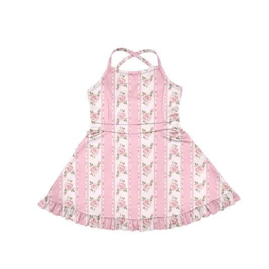 Preorder(moq 5) Baby Girls Strap Pink Flower Stripe Shorts Ruffle Knee Length Dresses