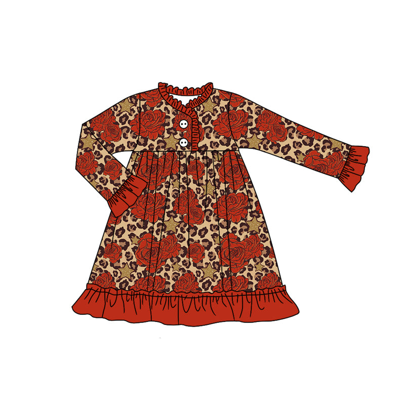 Preorder (moq 5)Baby Girls Long Ruffle Sleeves Rose Plaid Leopard Button Knee Length Dresses