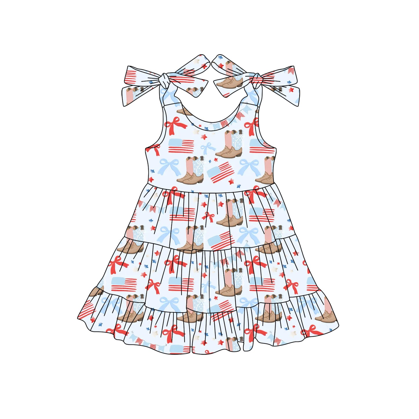 Preorder moq 5 Baby Girls Strap Flags Boots 4th Of July Knee Length Dresses