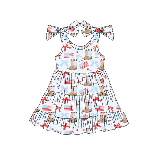 Preorder moq 5 Baby Girls Strap Flags Boots 4th Of July Knee Length Dresses
