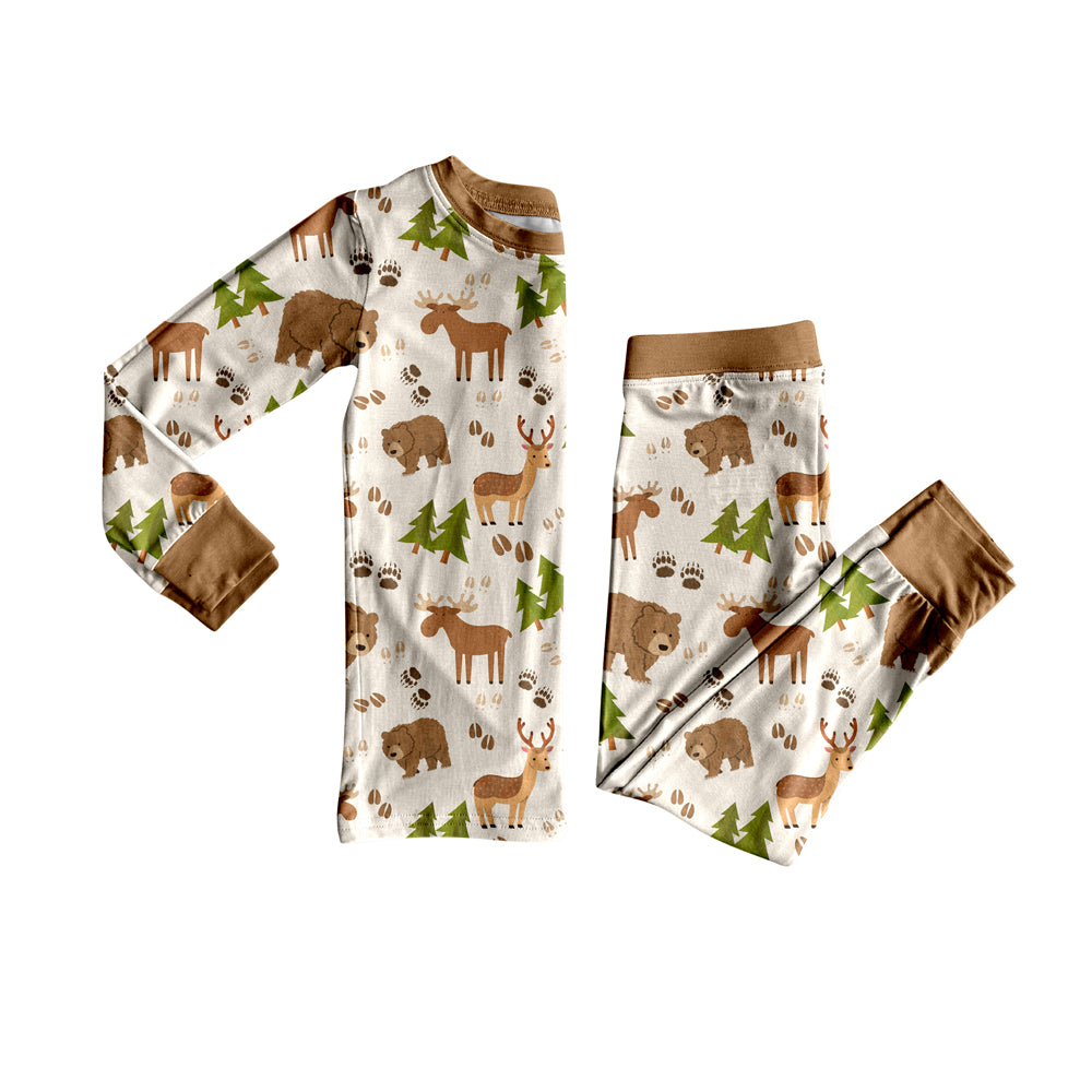 Preorder (moq 5)Baby Boys Brown Long Sleeves Deer Bears Trees Top Pant Pajamas Set