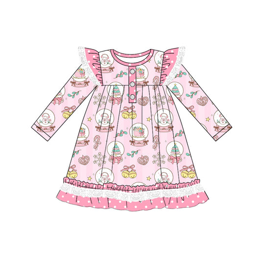 Preorder (moq 5)Baby Girls Long Sleeves Pink Snowmen Trees Ruffle Button Knee Length Dresses