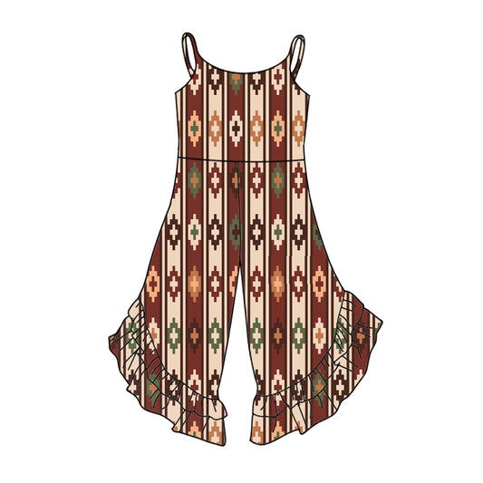 Preorder (moq 5)Baby Girls Brown Strap Aztec Stripe Ruffle Jumpsuits