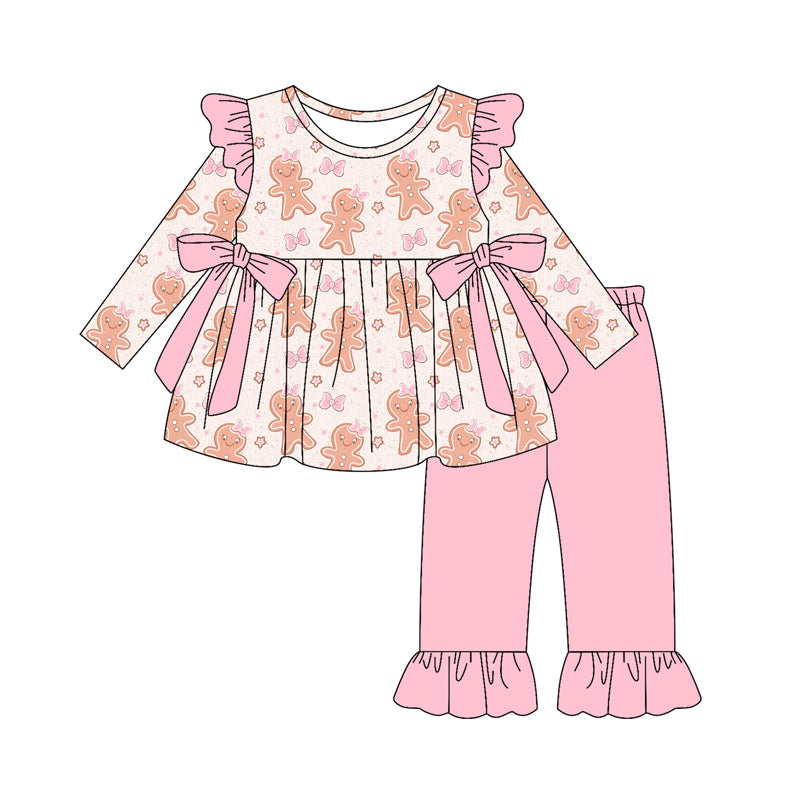 Preorder (moq 5)Baby Girls Pink Gingerbread Bows Tunic Ruffle Pants Christmas Clothes Sets