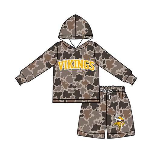 Preorder (moq 5)Baby Boys Brown Camo Vikings Long Sleeve Hoodie Short Team Clothes Set