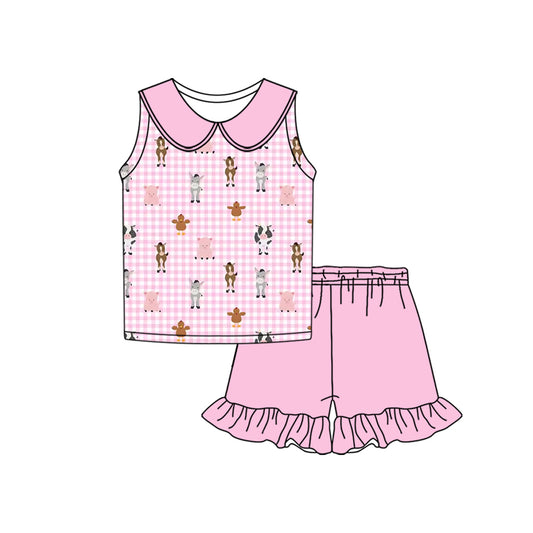 Preorder (moq 5)Baby Girls Farm Pink Checkered Cows Shirt Ruffle Shorts Clothes Sets