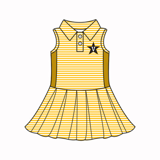 Preorder (moq 5)Baby Girls Sleeveless Yellow Stripe Button Star V Team Knee Length Dresses