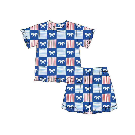 Preorder (moq 5)Baby Girls Red Blue Checked Bows Top Ruffle Short 4th of July Clothes Sets