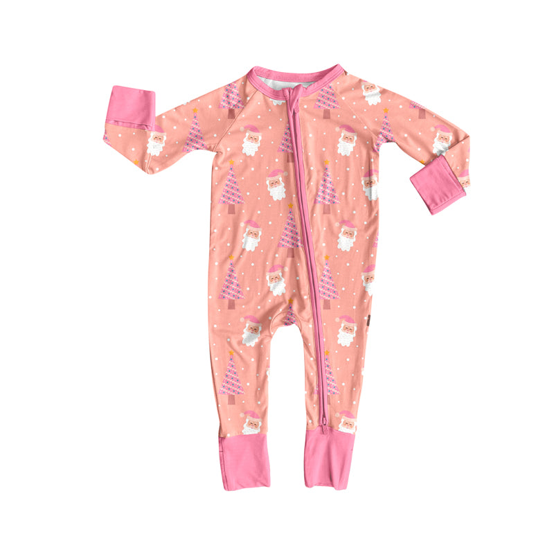 Preorder (moq 5)Baby Girls Peach Long Sleeves Santa Trees Plaid Zipper Romper