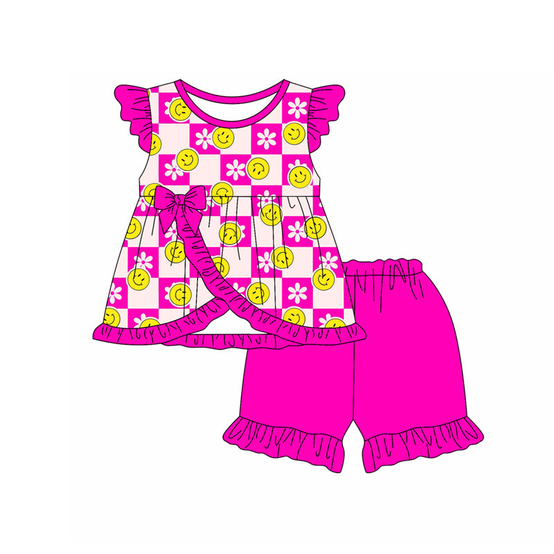 Preorder moq 5 Baby Girls Hot Pink Flutter Sleeves Smiles Flowers Tunic Ruffle Short Set