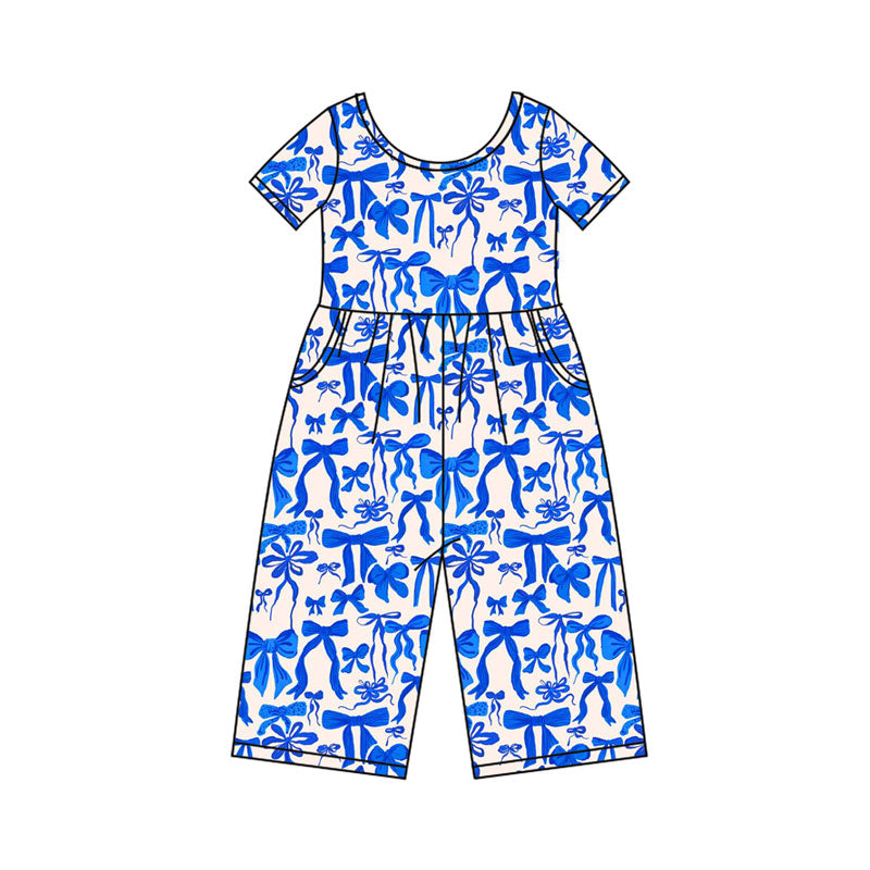 Preorder(moq 8)Baby Girls Hot Blue Bows Pockets Pant Jumpsuits