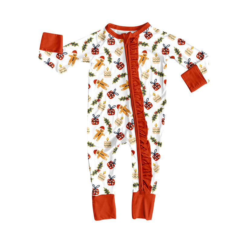 Preorder(moq 5)Baby Girls Christmas Gingerbread Gifts Zipper Footie Rompers