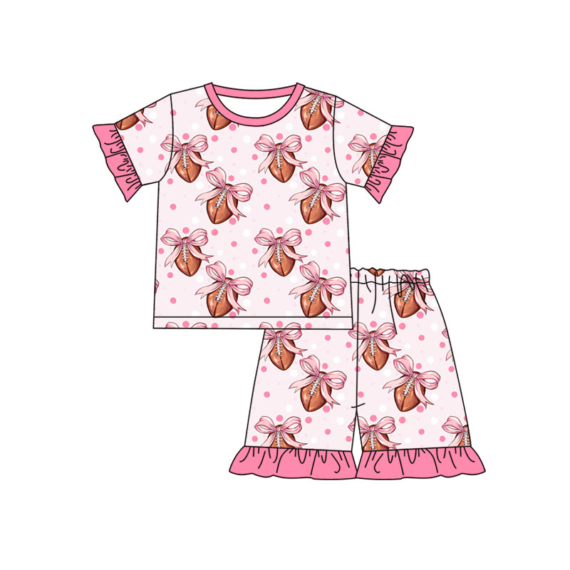 Preorder (moq 5)Baby Girls Pink Football Bows Tunic Top Ruffle Shorts Pajamas