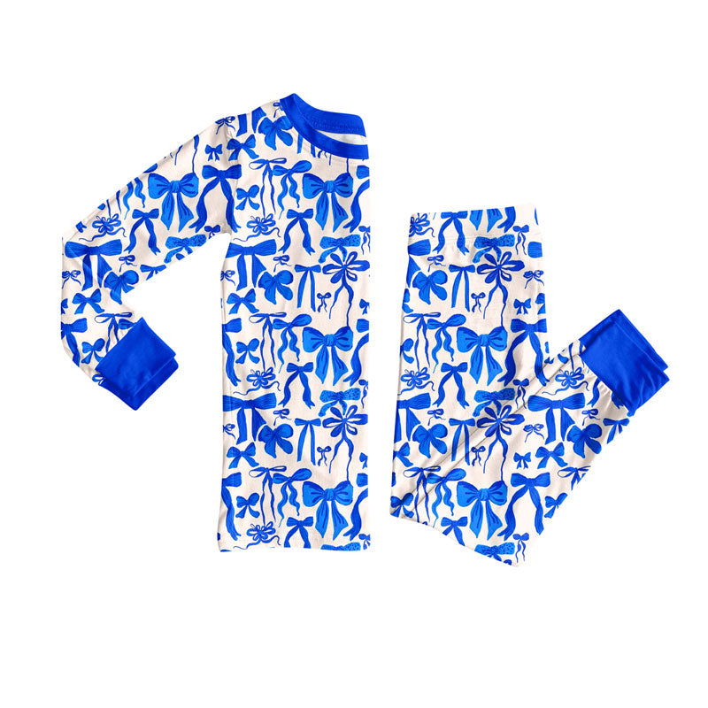 Preorder(moq 8)Baby Girls Hot Blue Bows Top Pants Pajamas Sets