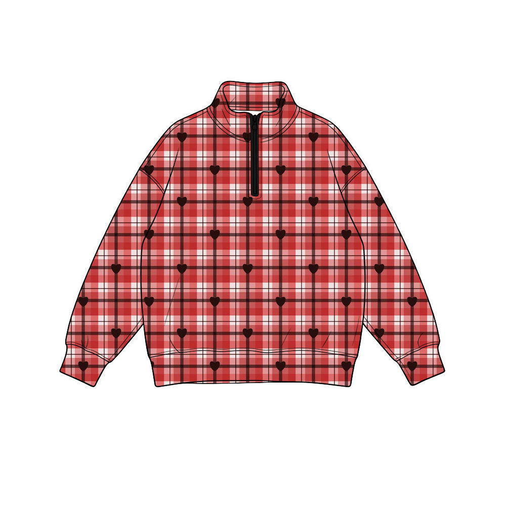 Preorder(moq 5) Baby Girls Long Sleeve Red Checked Hearts Valentines Zip Pullovers Top