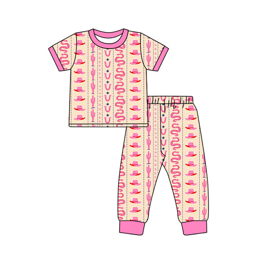 Preorder (moq 5)Baby Girls Short Ruffle Sleeves Pink Cactus Hats Top Pant Pajamas Set