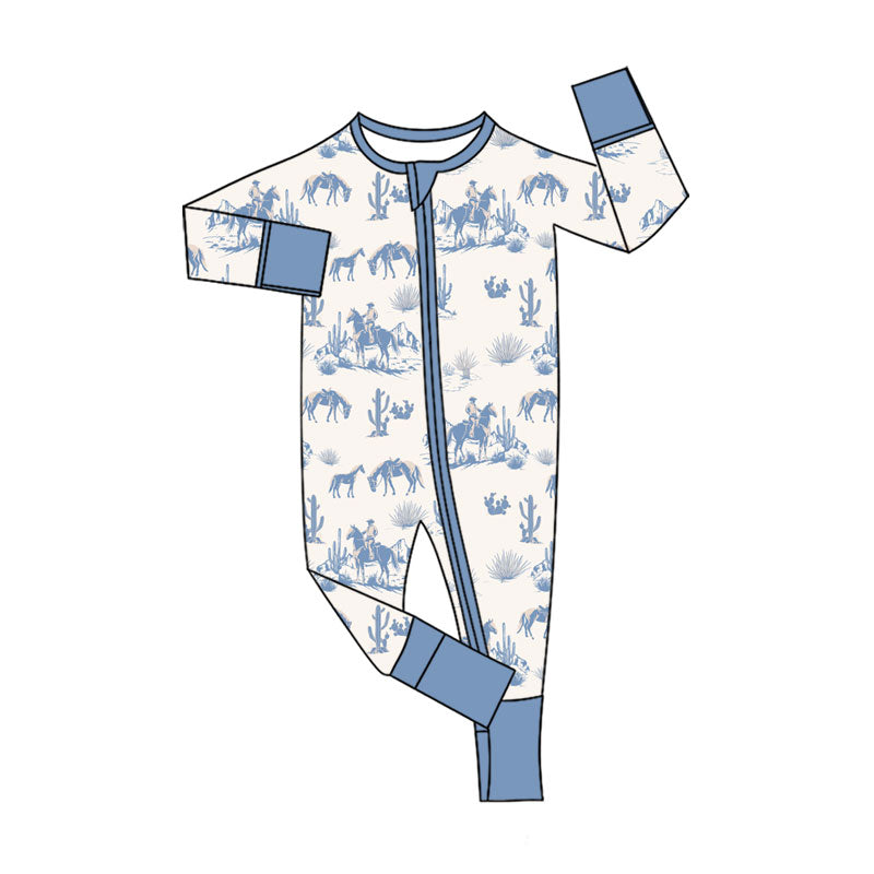 Preorder (moq 5)Baby Boys Blue Long Sleeve Cactus Horse Rodeos Western Two Way Zipper Convertible Rompers