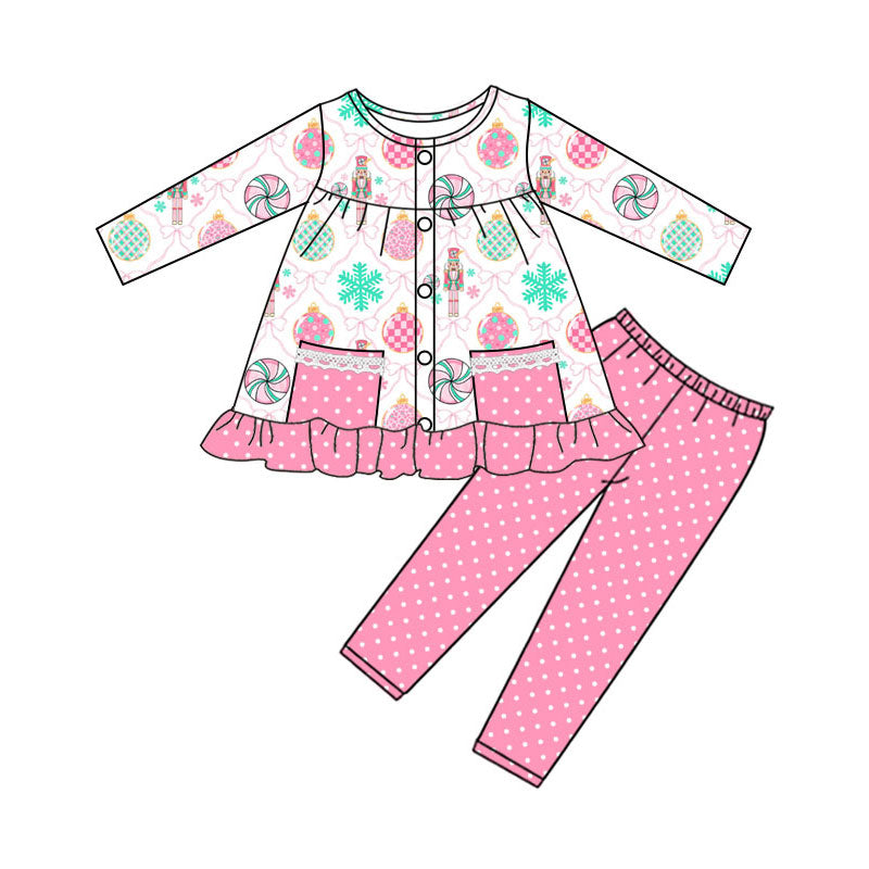 Preorder (moq 5)Baby Girls Bows Soldiers Button Pockets Tunic Leggings Christmas Clothes Sets