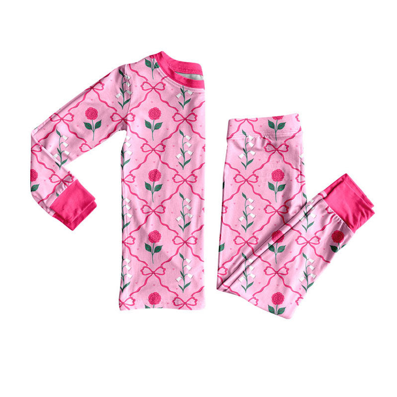 Preorder (moq 5)Baby Girls Pink Bows Flowers Checked Top Pant Pajamas Sets
