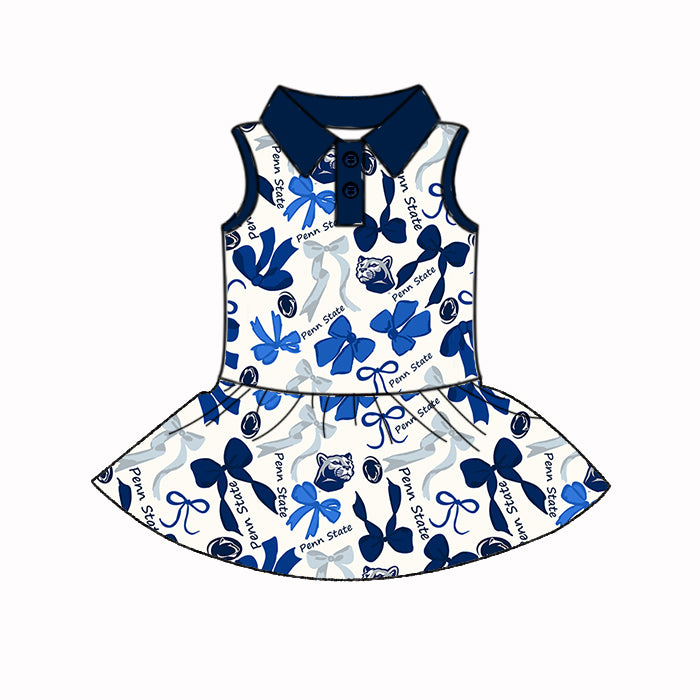 Preorder (moq 5)Baby Girls Hot Blue Sleeveless Penn State Bows Plaid Button Knee Length Dresses