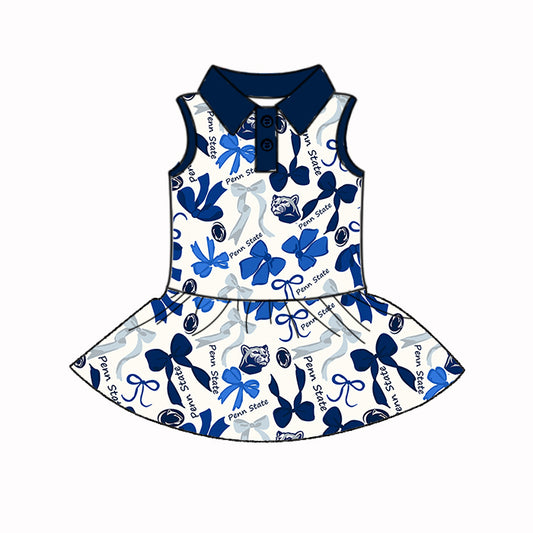 Preorder (moq 5)Baby Girls Hot Blue Sleeveless Penn State Bows Plaid Button Knee Length Dresses
