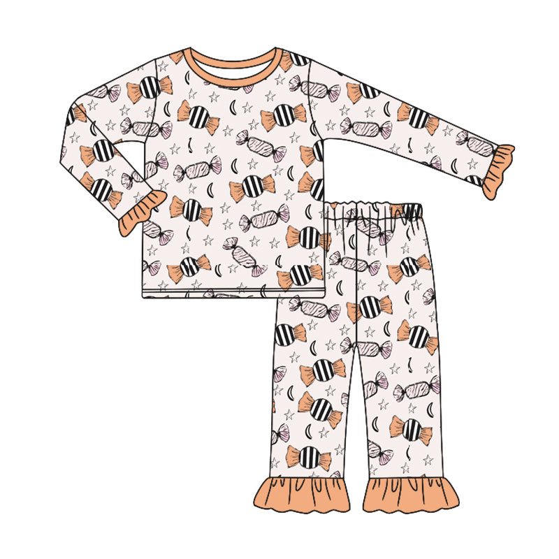 Preorder (moq 5)Baby Girls Yellow Long Ruffle Sleeves Candy Stars Plaid Top Pant Pajamas Sets