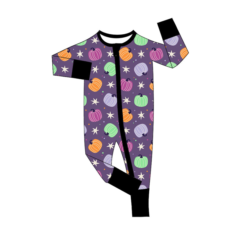 Preorder(moq 5)Baby Infant Boys Long Sleeves Colorful Pumpkins Plaid Fall Zipper Rompers